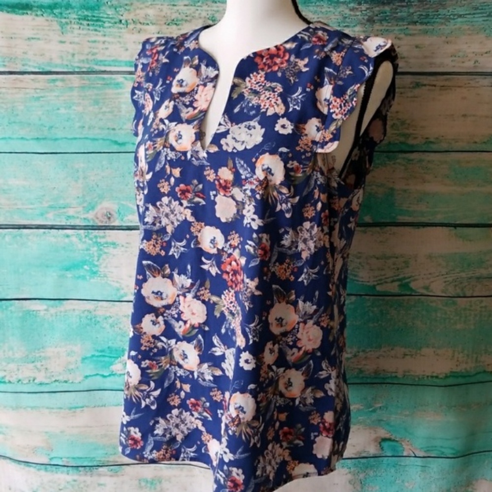 Scallop Trim Blue Floral Blouse